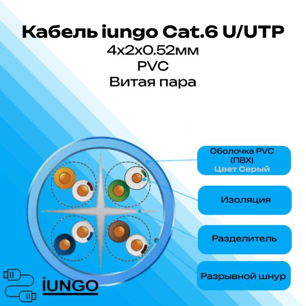 Кабель - LAN Cat.6 U/UTP 4x2x0.52мм PVC, арт. G2401-125