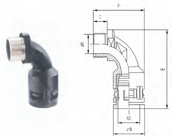 Фитинг угловой 90° M40/AD42.5 с металлической резьбой, арт. WQBM-M40G/AD42.5