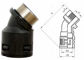 Фитинг угловой 45° M25/AD28.5 с металлической резьбой, арт. RQBK45−M25/AD28.5
